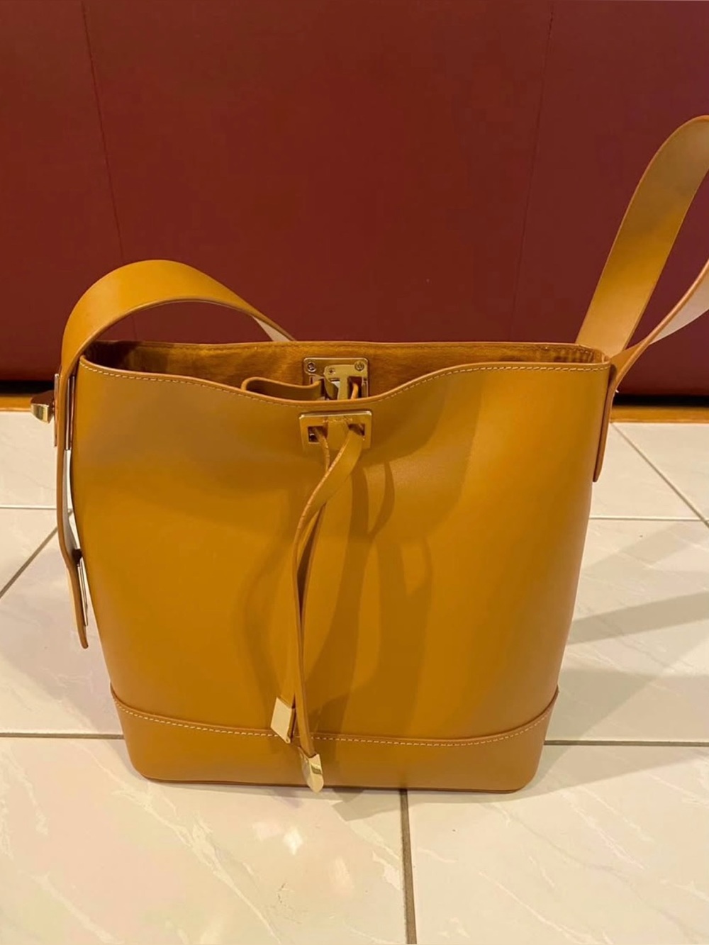 Leather Drawstring Bucket Bag